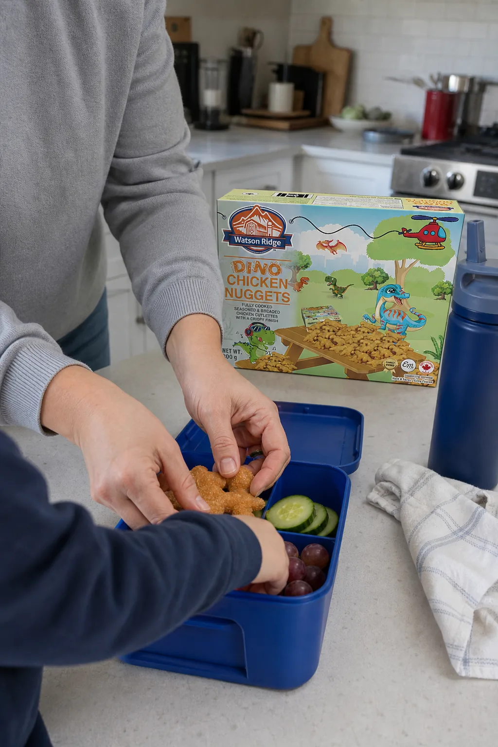 Hands packing Watson Ridge dino chicken nuggets into a blue lunchbox