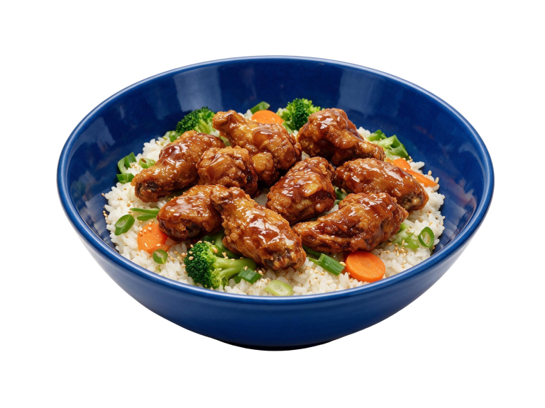 Watson Ridge honey garlic chicken wing rice bowl with broccoli and carrots