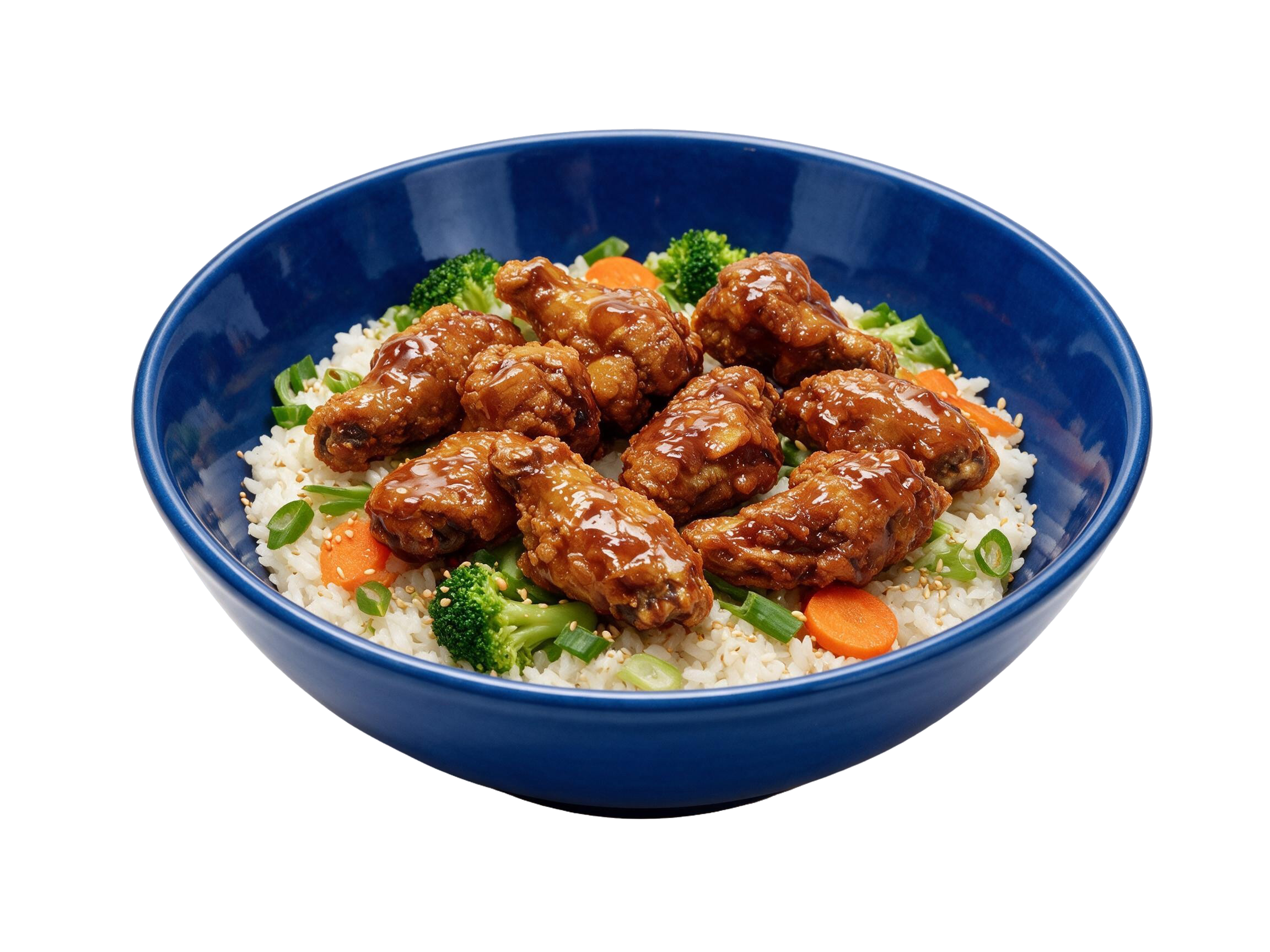 Watson Ridge honey garlic chicken wing rice bowl with broccoli and carrots