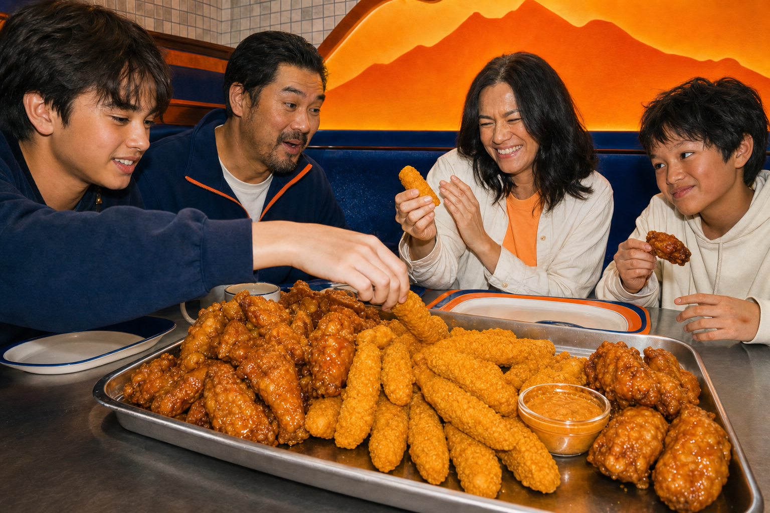 A family leaning in to share Watson Ridge chicken