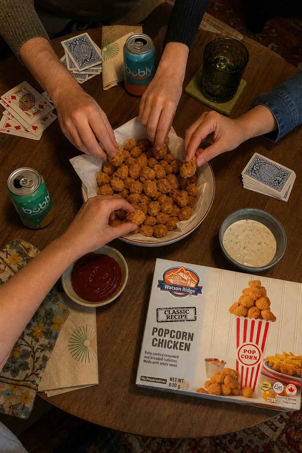 Friends sharing Watson Ridge popcorn chicken during a card game