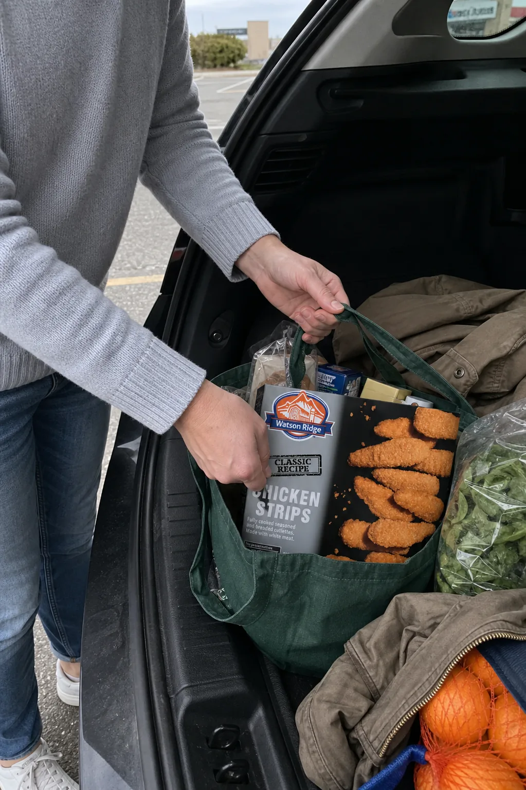 Watson Ridge chicken strips being unpacked from groceries beside a car trunk