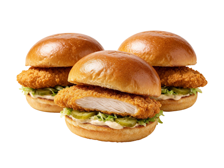Watson Ridge crispy chicken sliders with pickles, lettuce and sauce