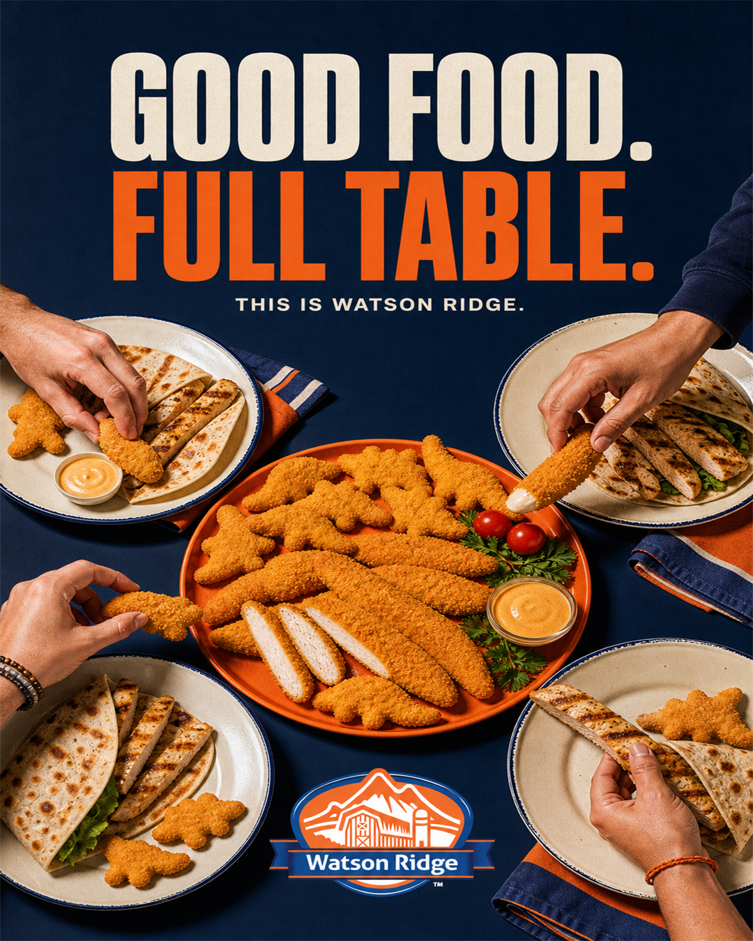 Watson Ridge family meal social post: Good food, full table