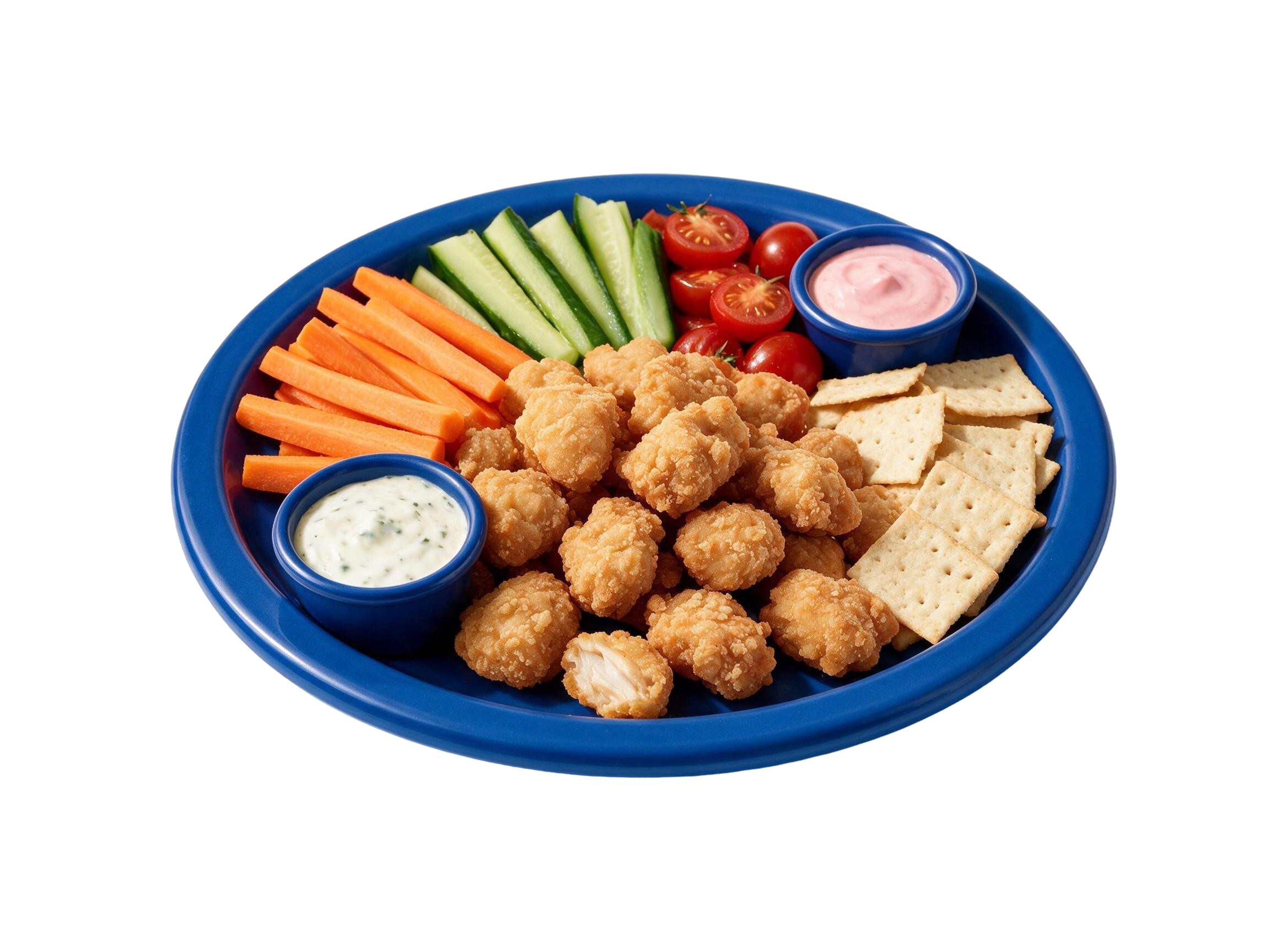 Watson Ridge popcorn chicken snack board with vegetables, crackers and dips