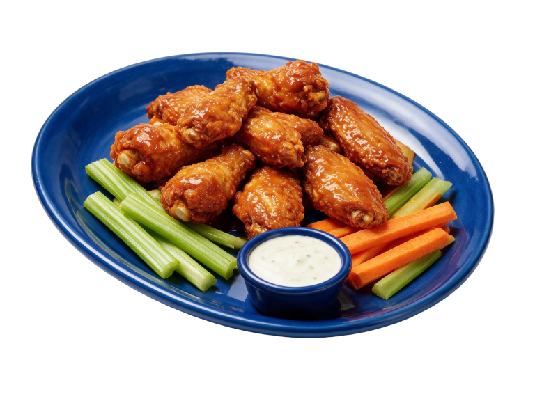 Watson Ridge buffalo chicken wing platter with celery, carrots and creamy dip