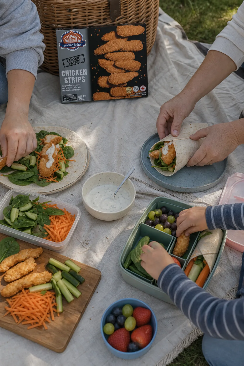 Watson Ridge chicken strip wraps and lunchboxes being prepared at a picnic table