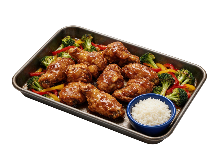 Watson Ridge honey garlic chicken wing sheet pan with broccoli, peppers and rice