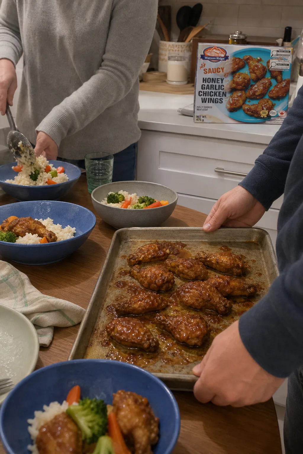Honey garlic chicken and rice bowls being served for a Watson Ridge weeknight meal