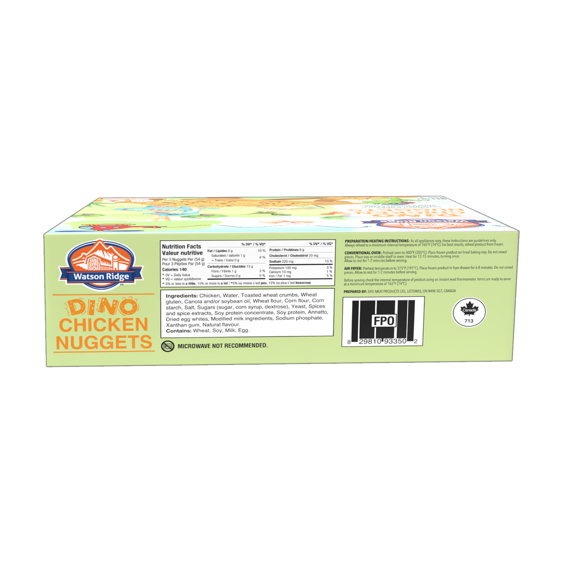Watson Ridge Dino Chicken Nuggets package back label with nutrition, ingredients and preparation information