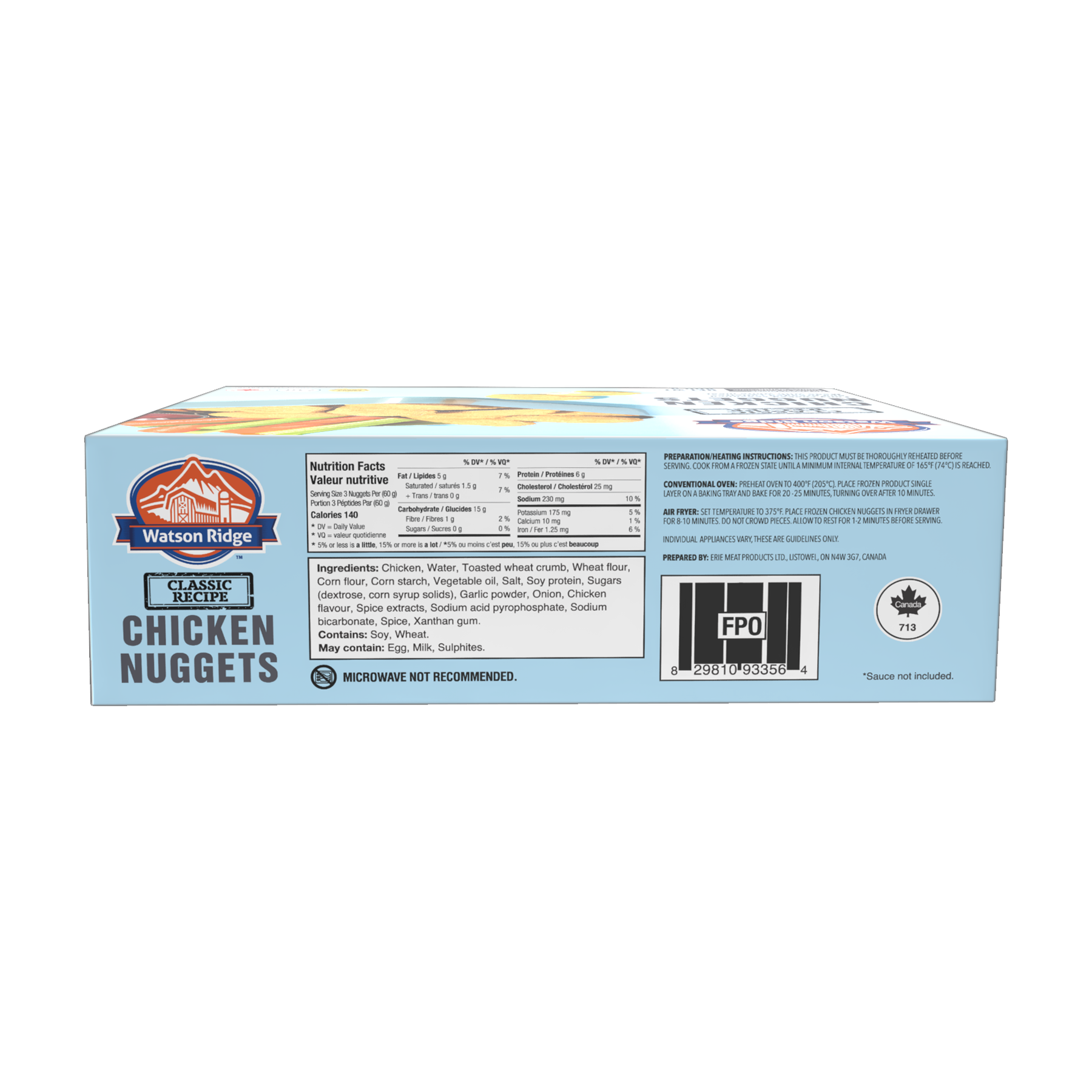 Watson Ridge Chicken Nuggets package back label with nutrition, ingredients and preparation information