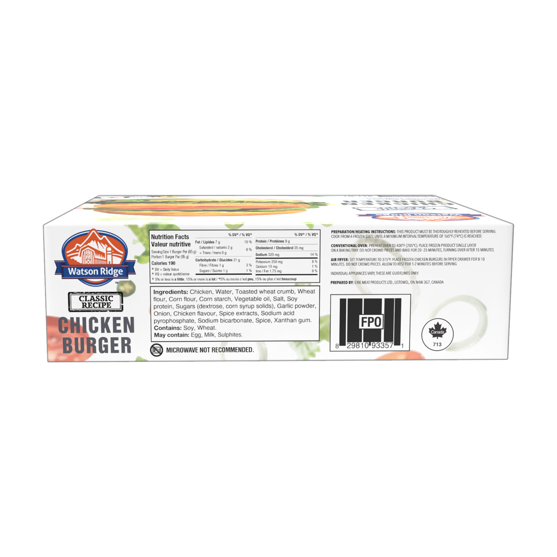 Watson Ridge Chicken Burgers package back label with nutrition, ingredients and preparation information