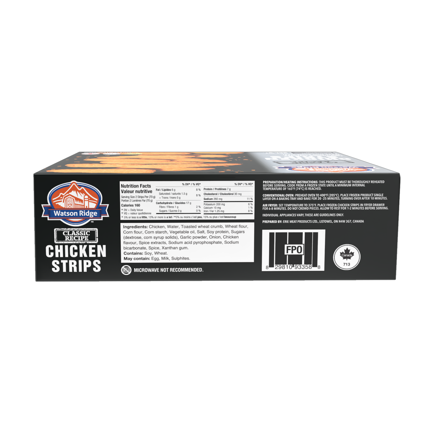 Watson Ridge Chicken Strips package back label with nutrition, ingredients and preparation information