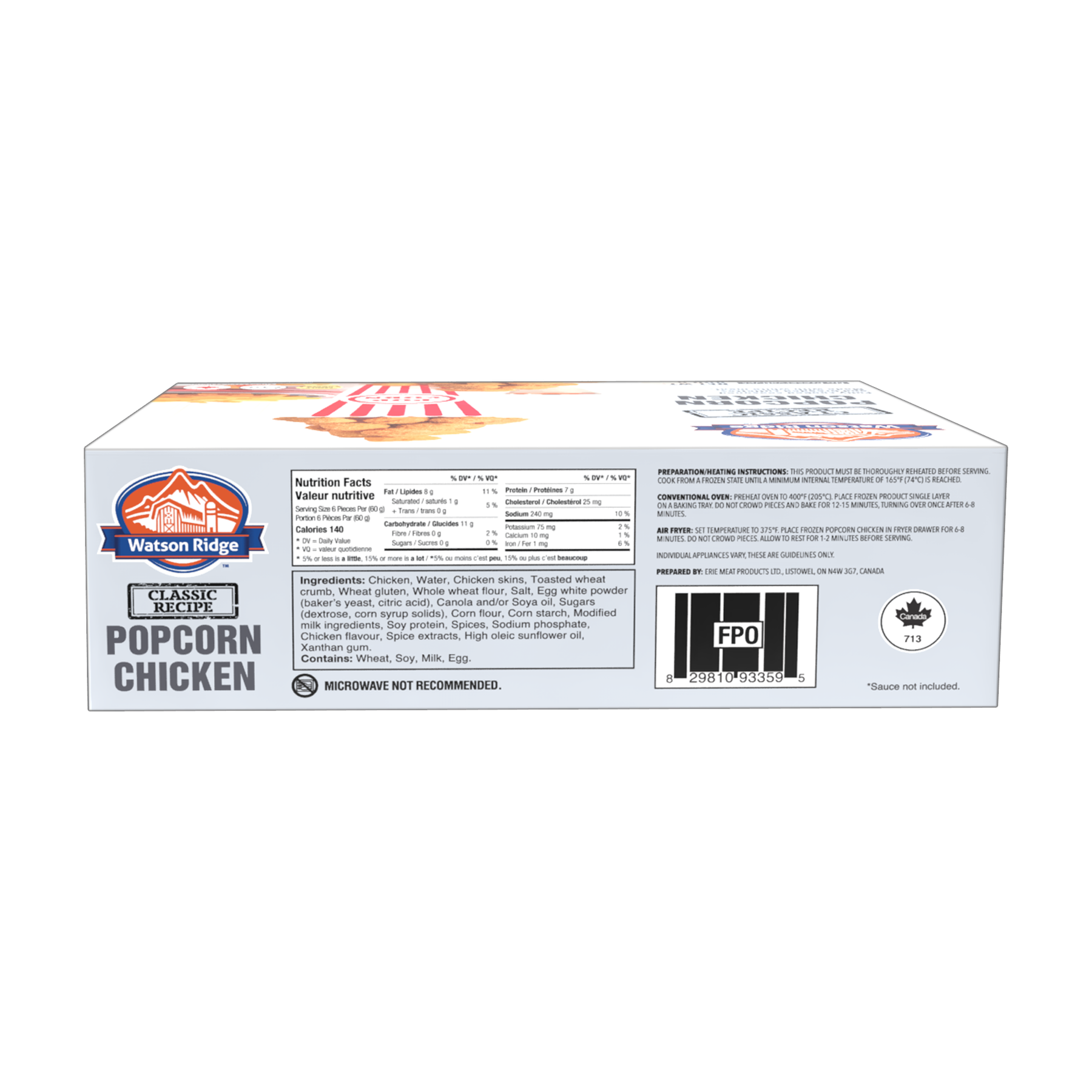 Watson Ridge Popcorn Chicken package back label with nutrition, ingredients and preparation information