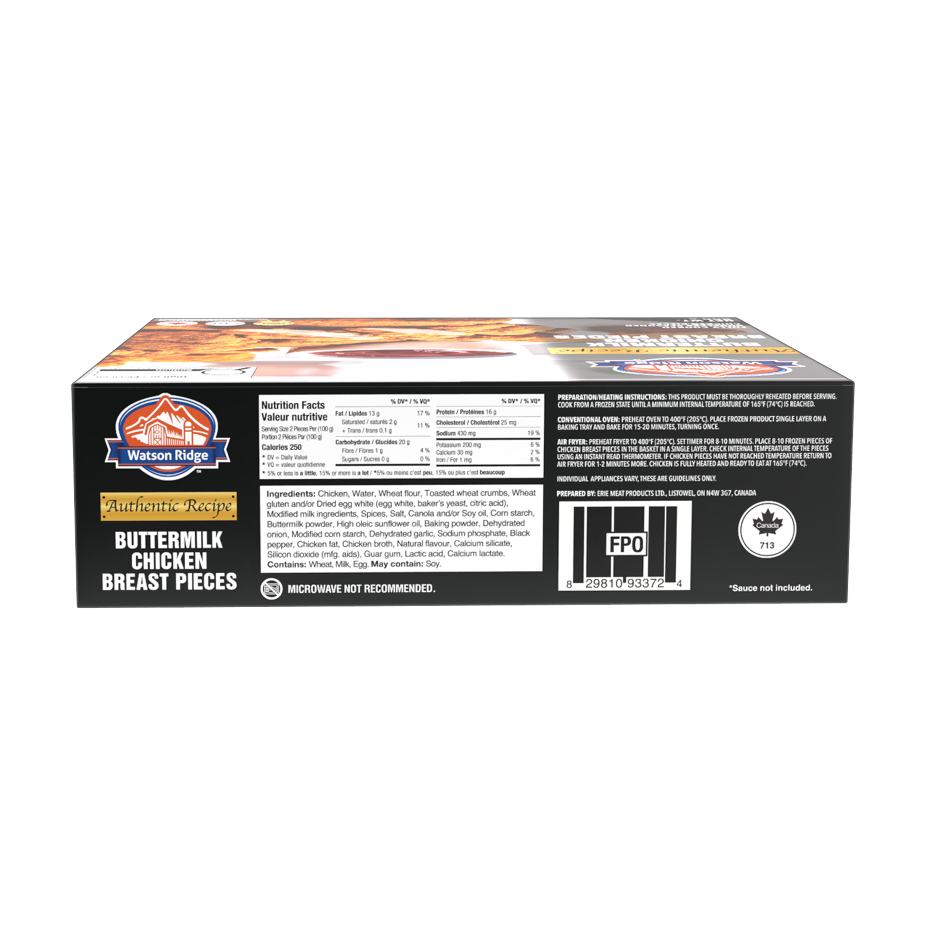 Watson Ridge Buttermilk Chicken Breast Pieces package back label with nutrition, ingredients and preparation information