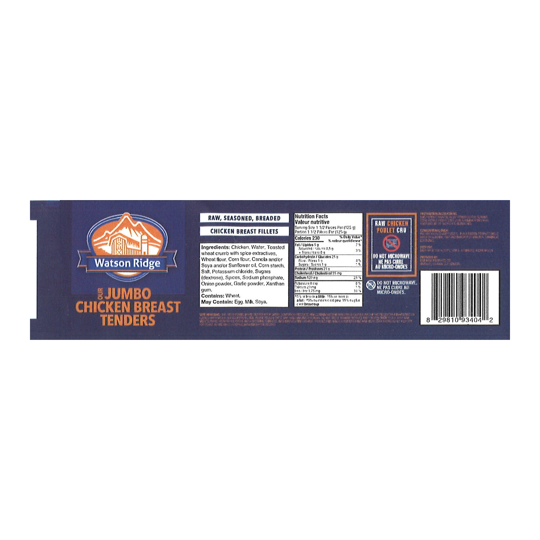 Watson Ridge Jumbo Chicken Tenders package back label with nutrition, ingredients and preparation information