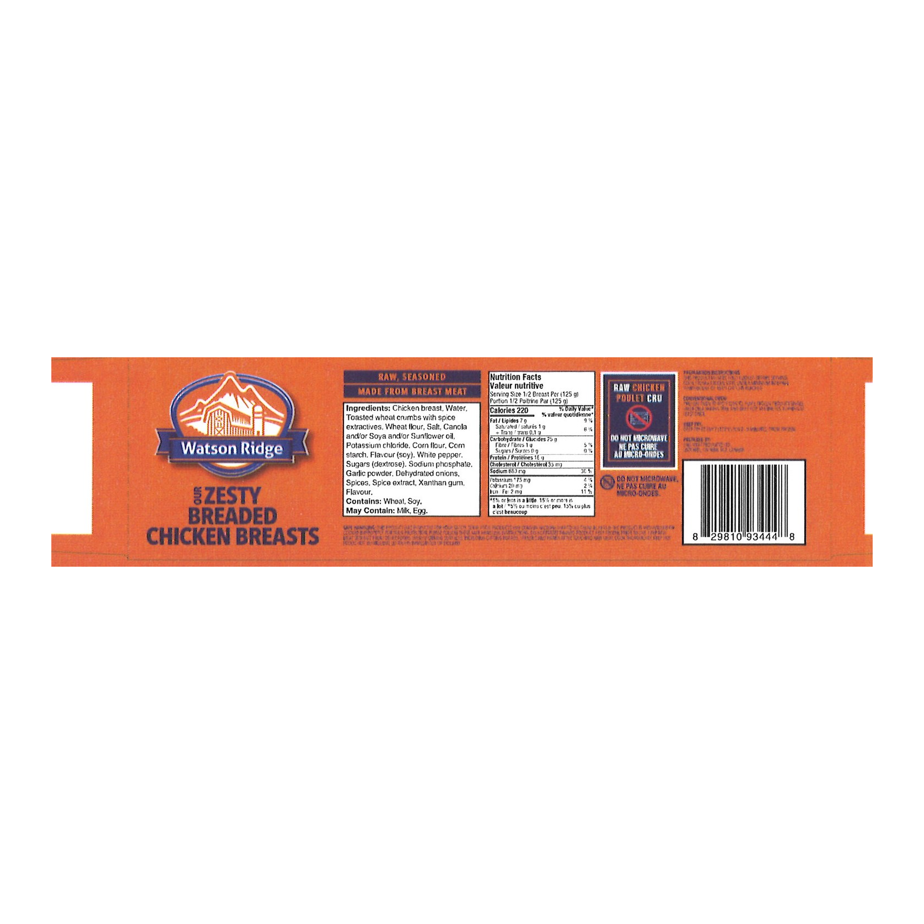 Watson Ridge Zesty Breaded Chicken Breasts package back label with nutrition, ingredients and preparation information