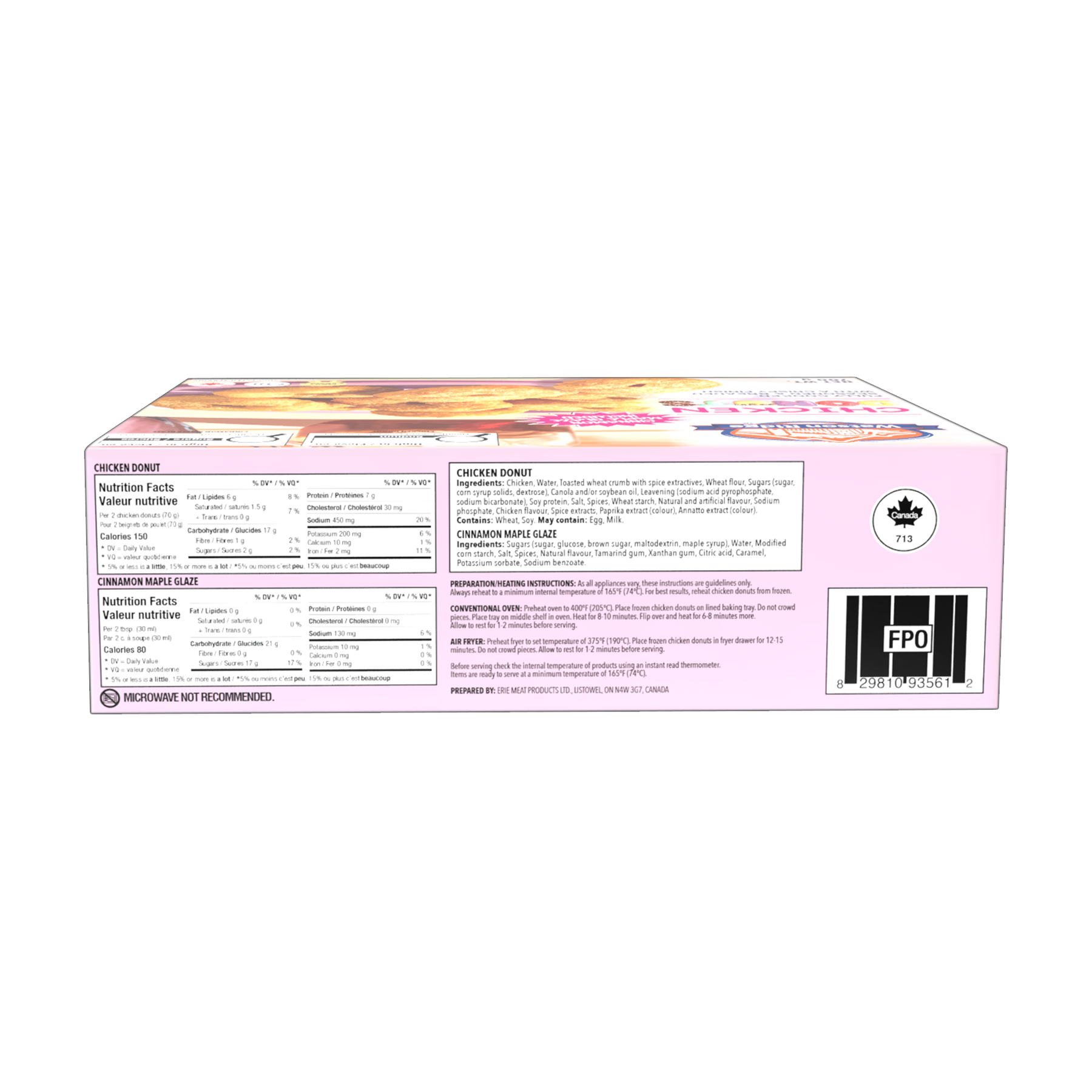 Watson Ridge Chicken Donuts package back label with nutrition, ingredients and preparation information