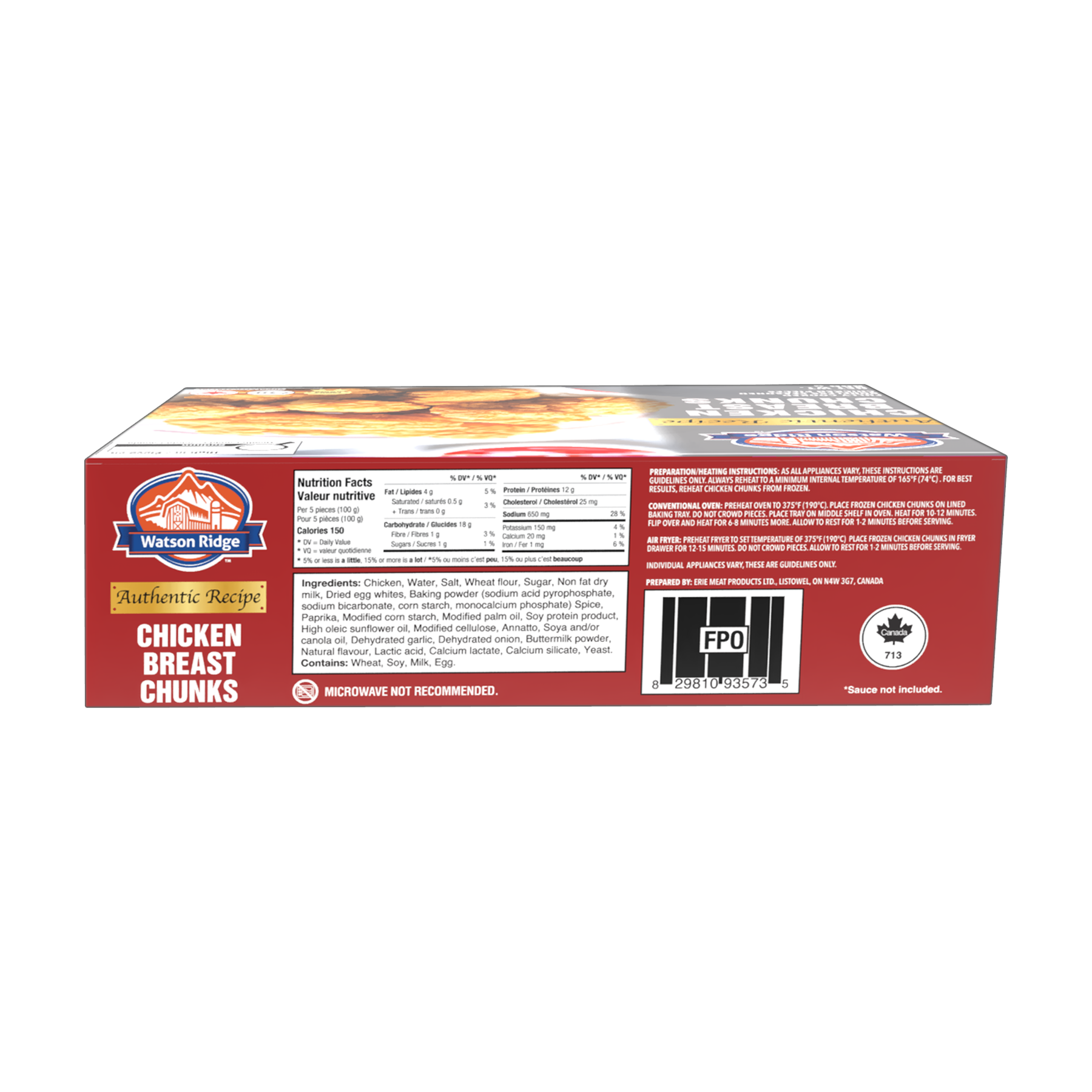 Watson Ridge Chicken Breast Chunks package back label with nutrition, ingredients and preparation information