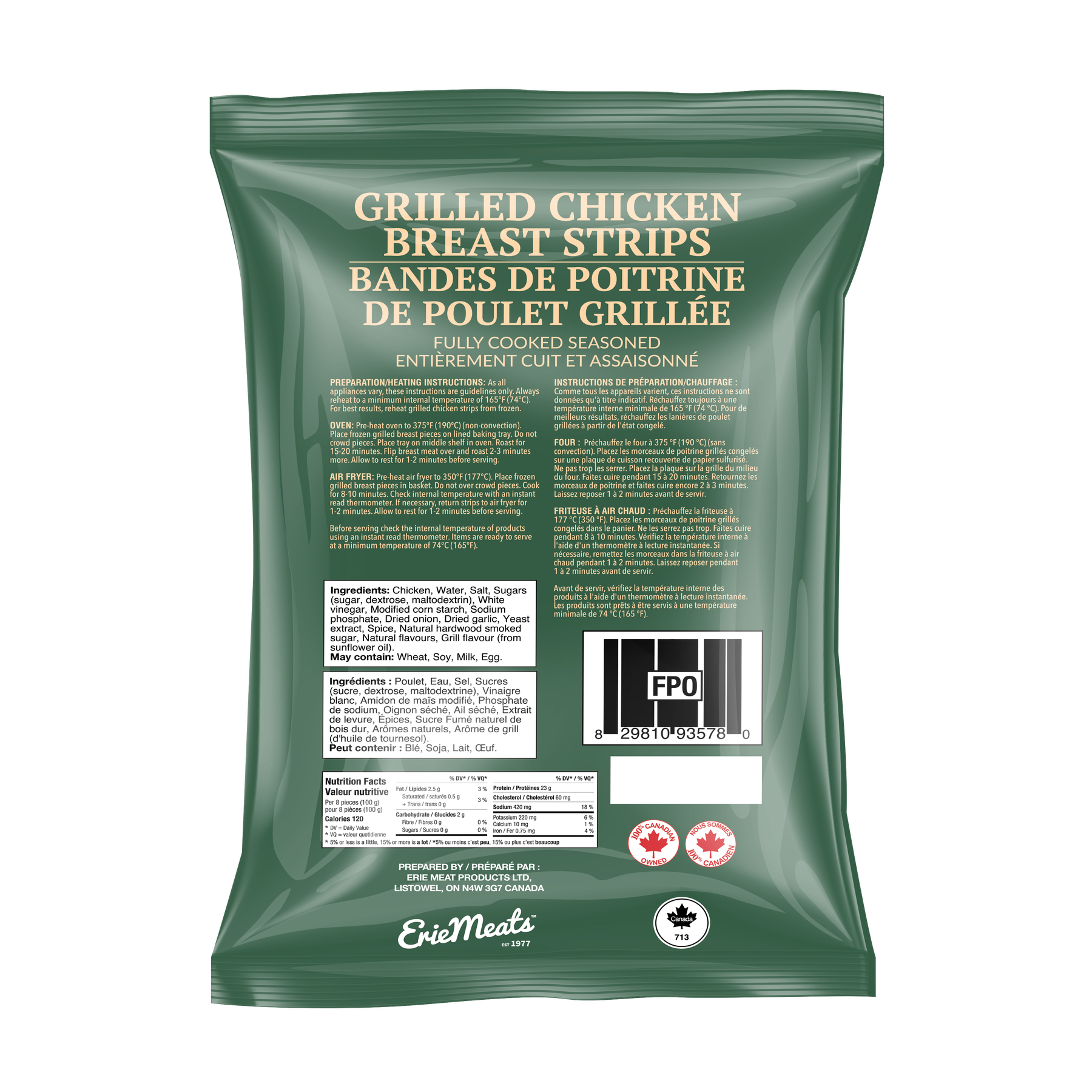 Watson Ridge Grilled Chicken Breast Strips package back label with nutrition, ingredients and preparation information