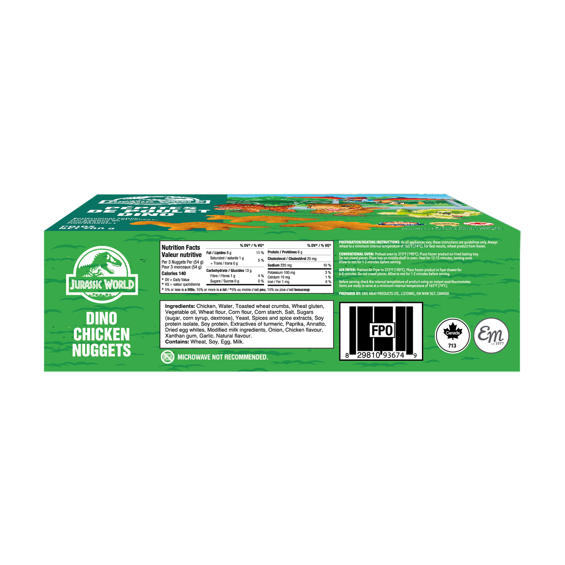 Watson Ridge Jurassic World Dino Chicken Nuggets package back label with nutrition, ingredients and preparation information