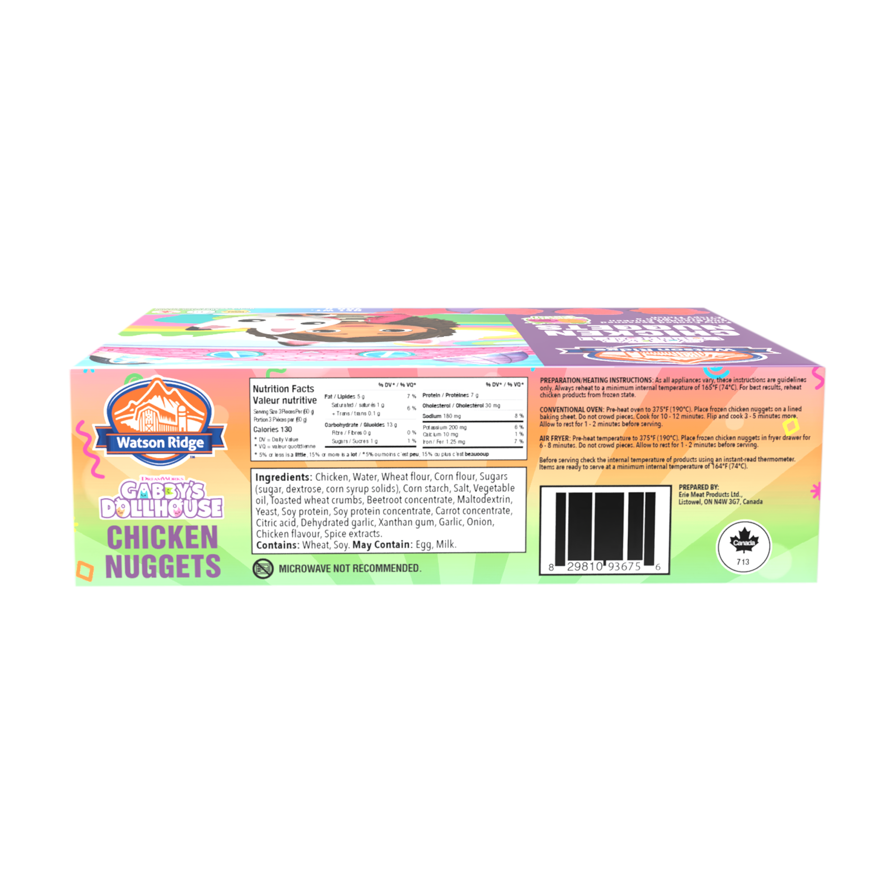 Watson Ridge Gabby's Dollhouse Chicken Nuggets package back label with nutrition, ingredients and preparation information