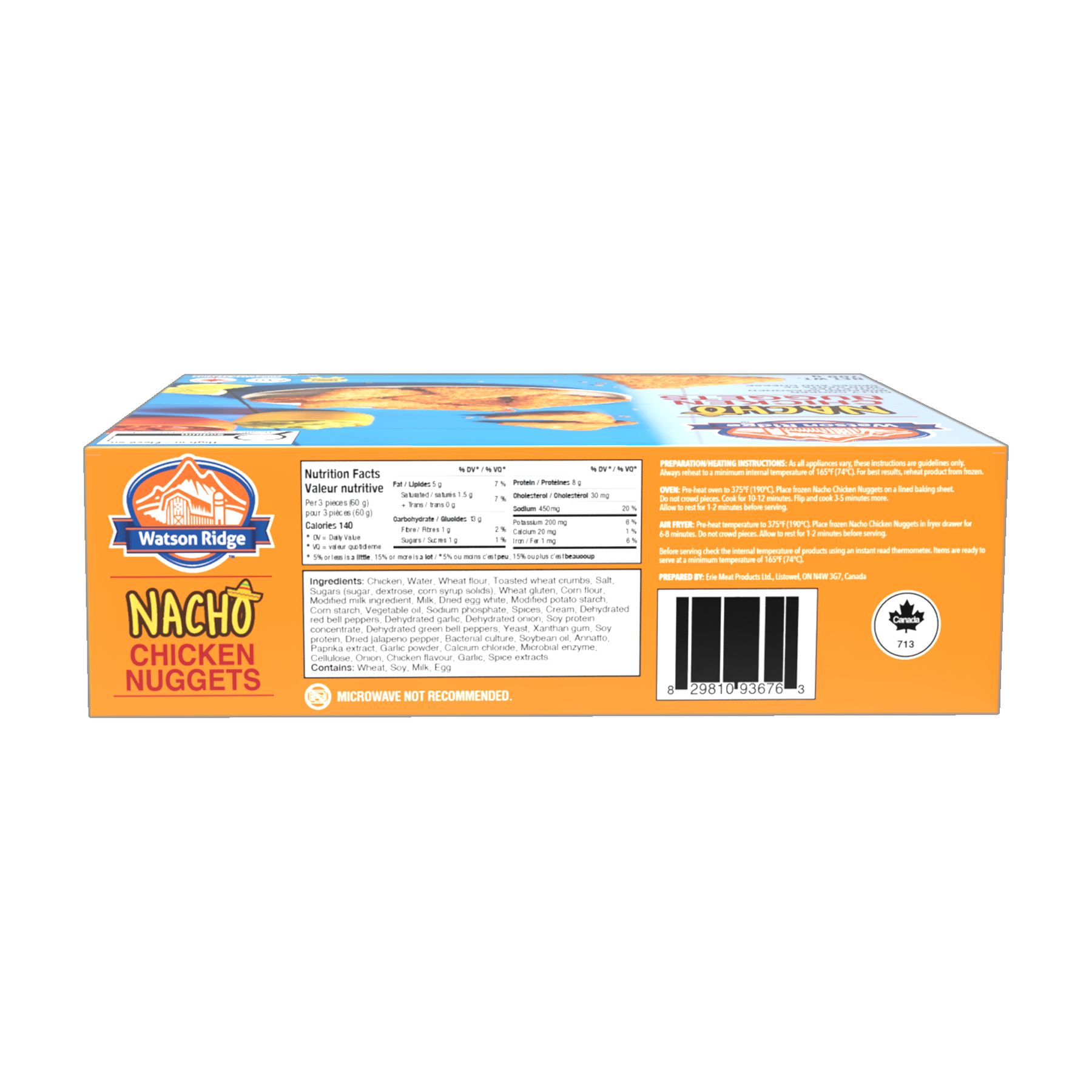Watson Ridge Santa Fe Nacho Chicken Nuggets package back label with nutrition, ingredients and preparation information