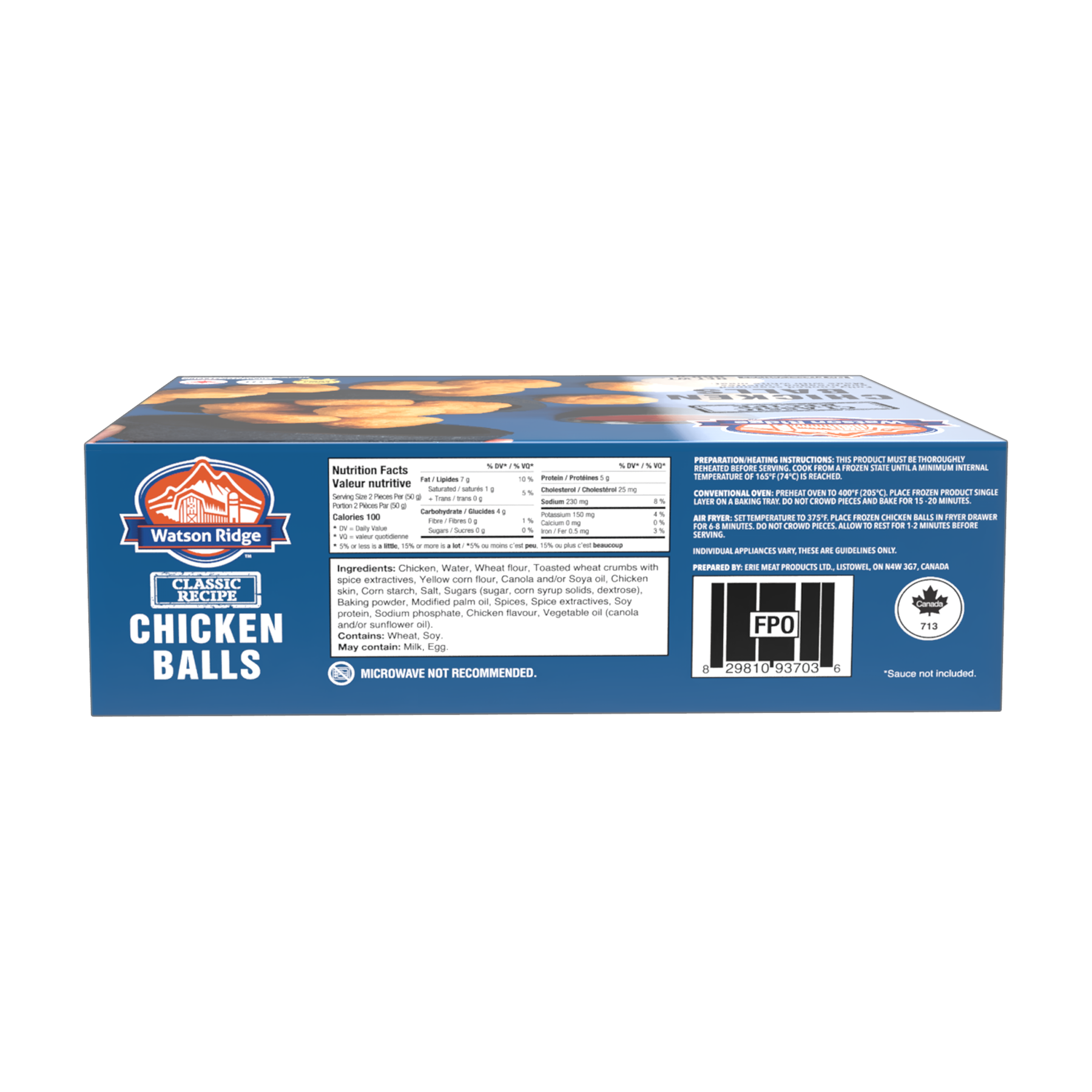 Watson Ridge Chicken Balls package back label with nutrition, ingredients and preparation information