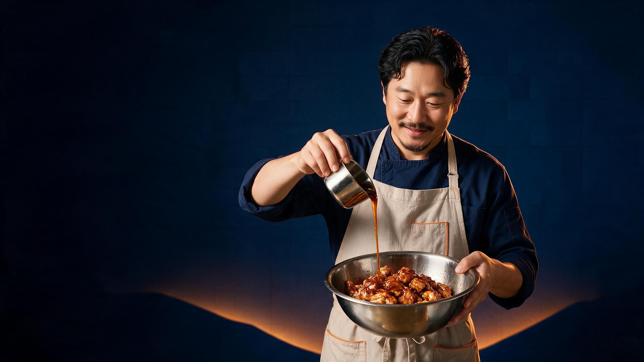 A Watson Ridge meal maker pours sauce over chicken in a mixing bowl