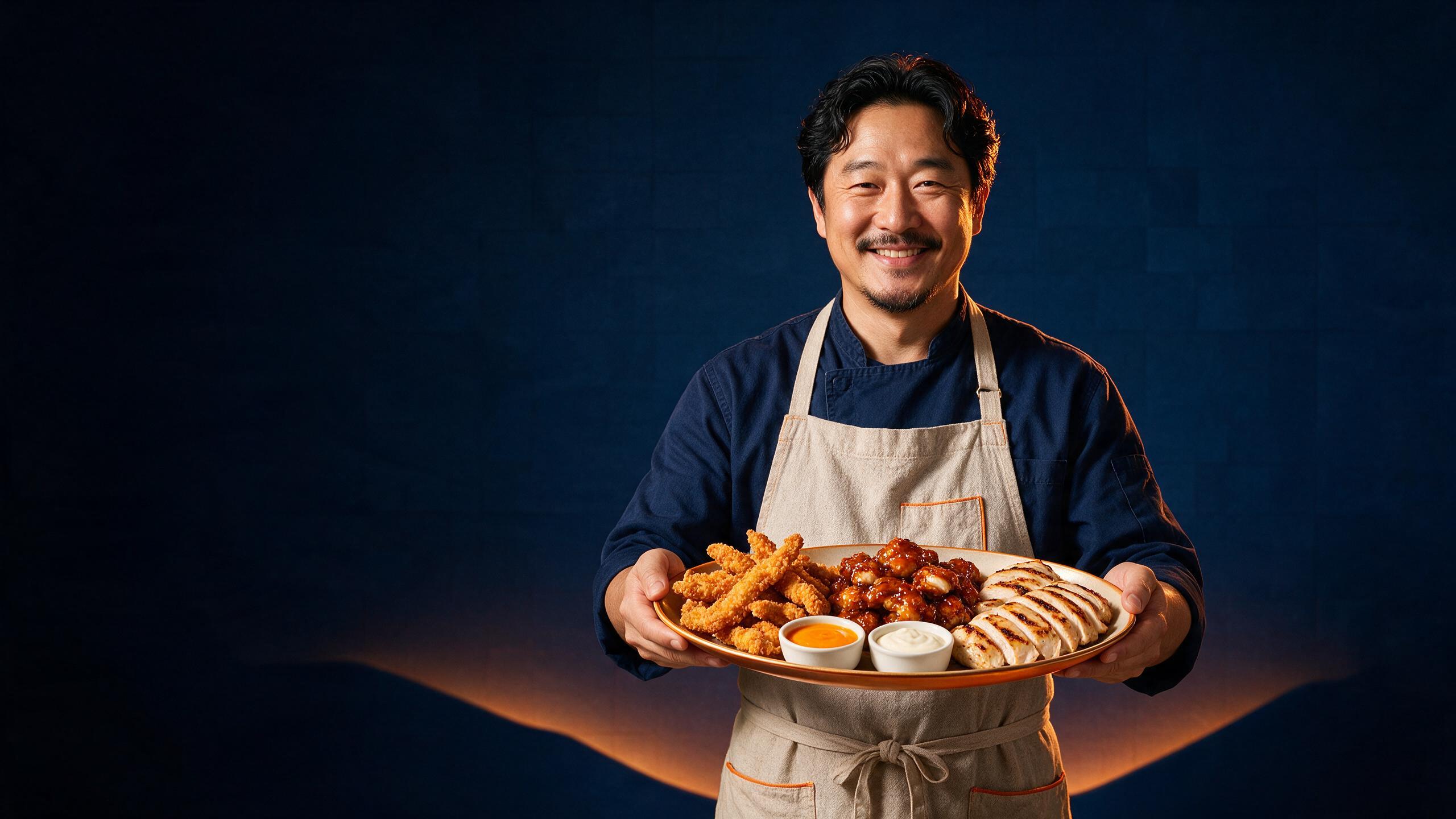 A Watson Ridge meal maker presents a platter of breaded, sauced and grilled chicken
