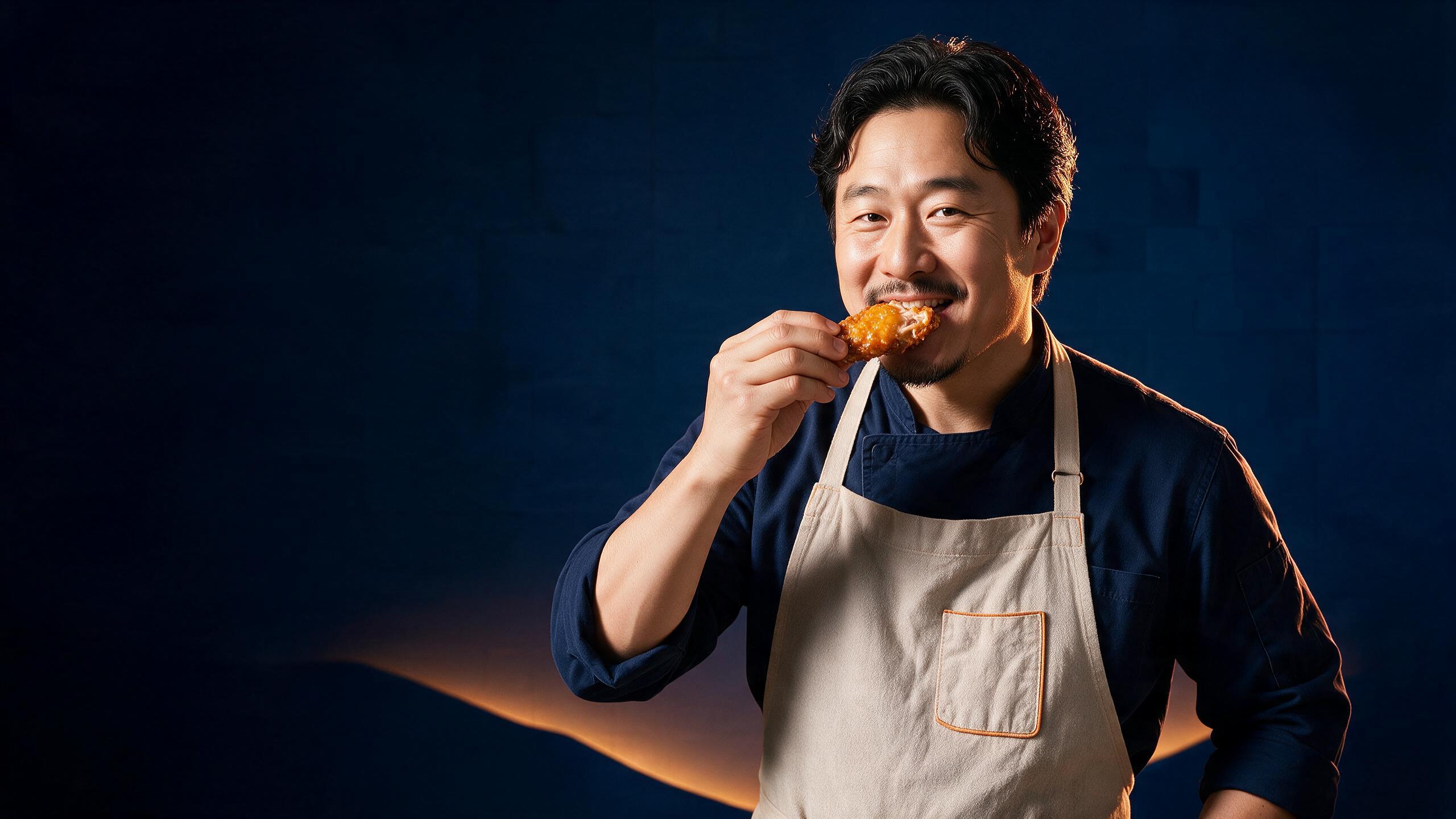 A Watson Ridge meal maker takes a bite of a sauced chicken wing