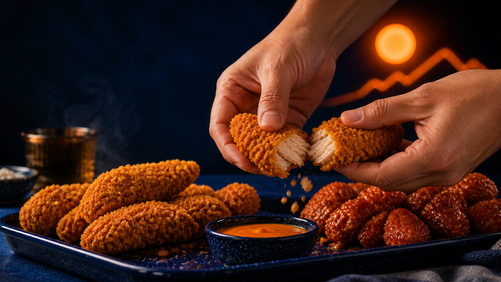 A Watson Ridge crispy chicken strip broken open over an abundant platter