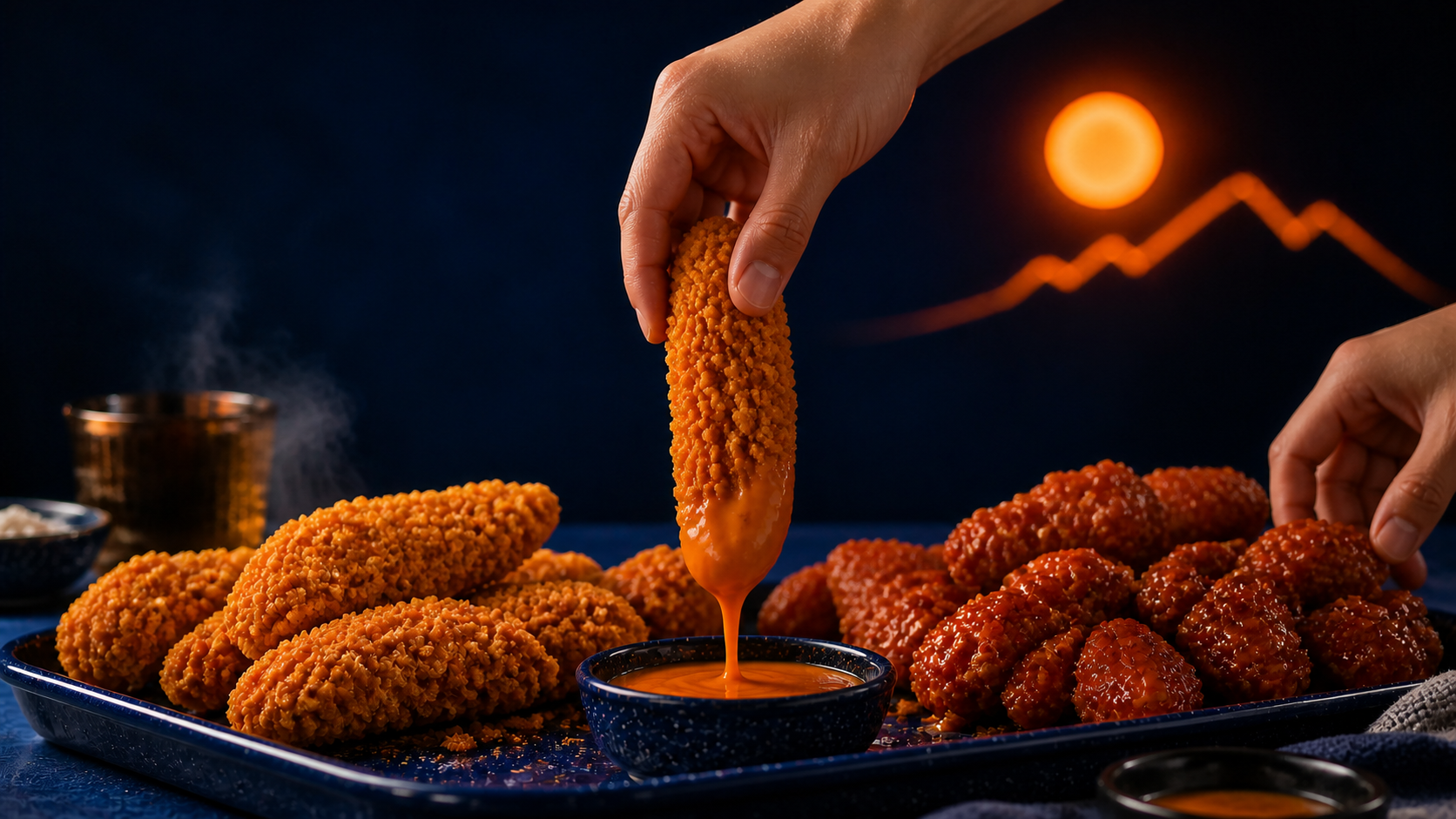 A crispy Watson Ridge chicken strip being dipped over an abundant platter