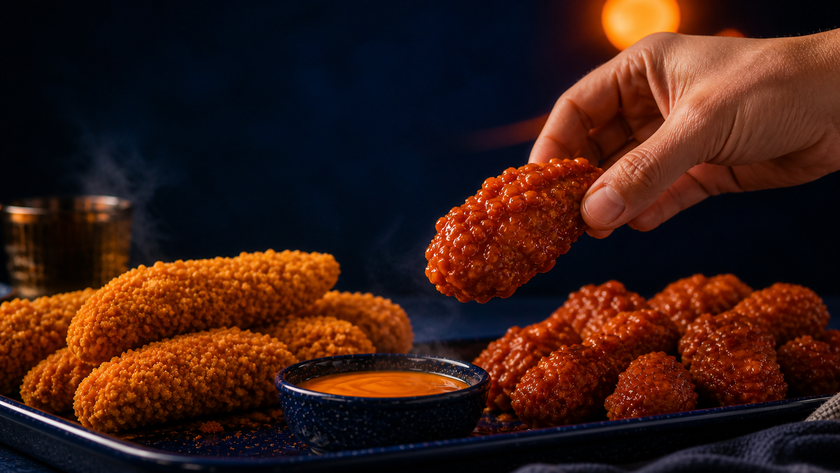 A glossy Watson Ridge sauced chicken wing lifted above an abundant platter