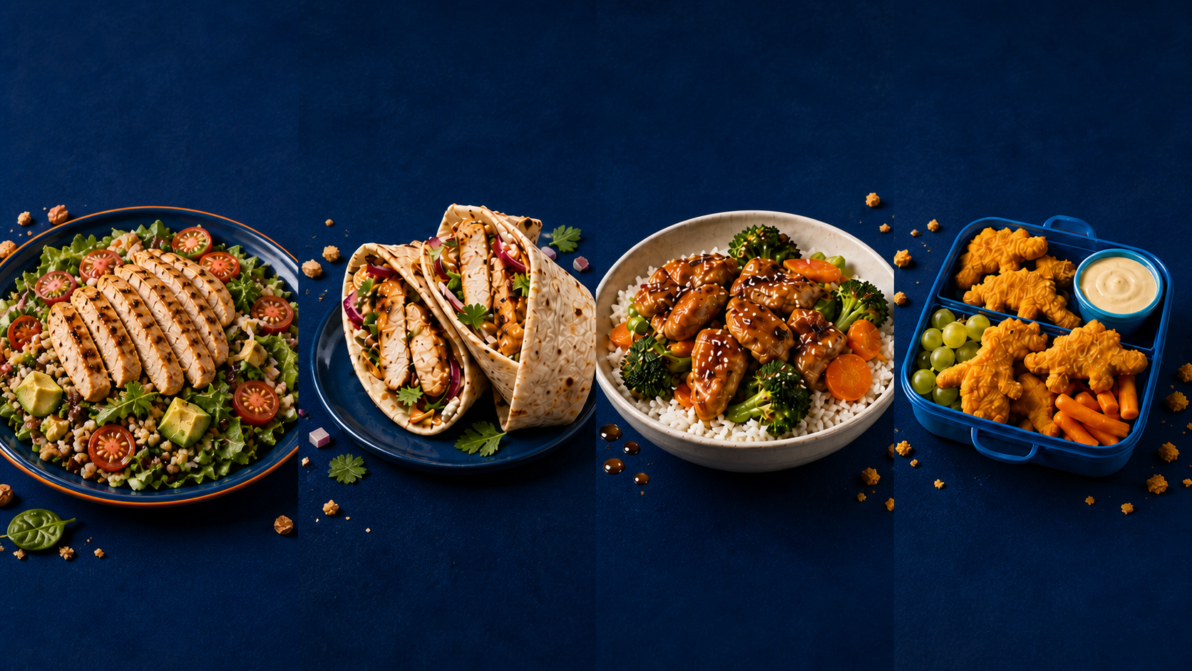 Four Watson Ridge meal ideas: grilled chicken salad, chicken wraps, honey garlic rice bowl and a dino nugget lunchbox