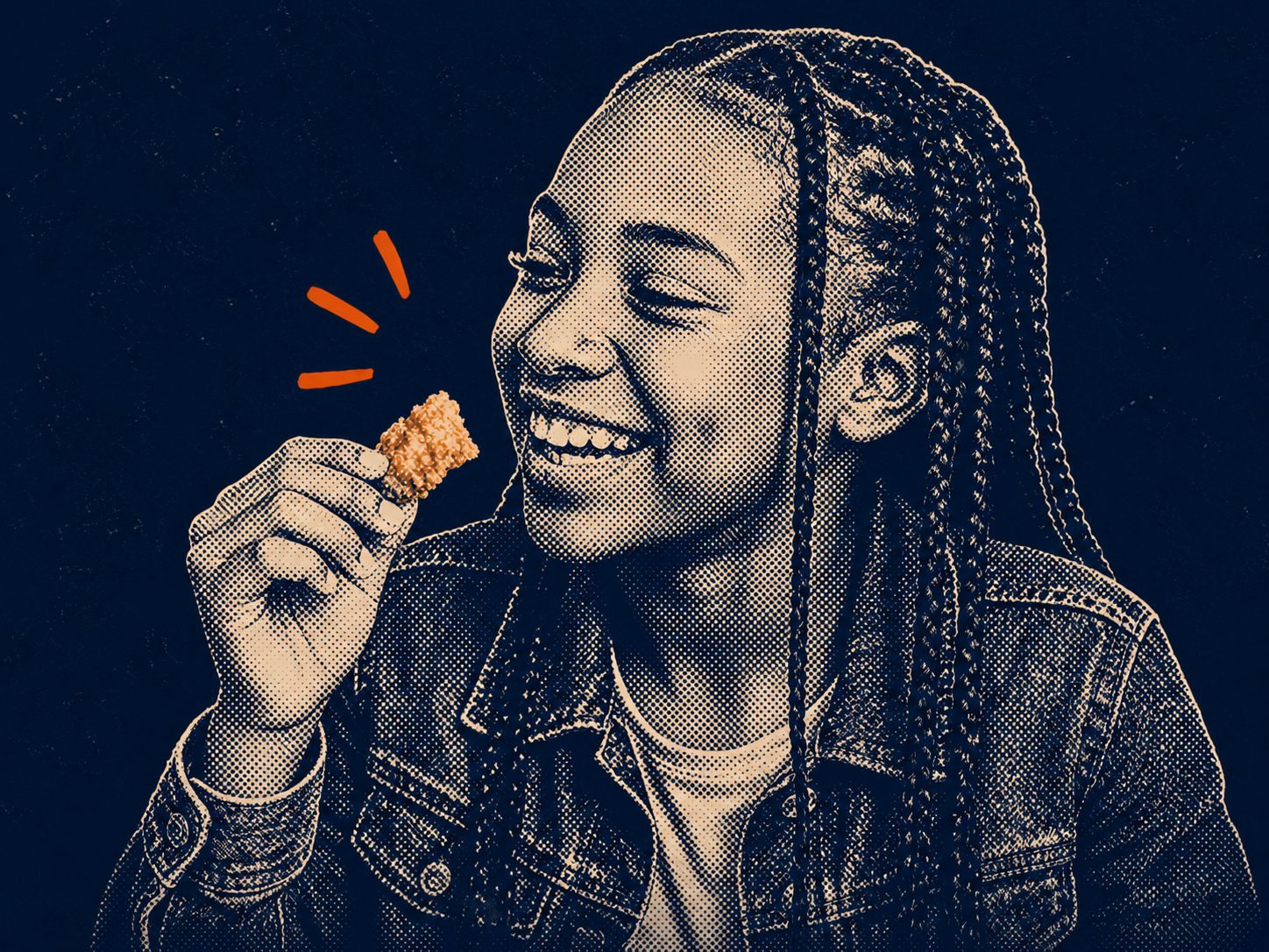 Girl enjoying Watson Ridge chicken in a navy and cream halftone illustration