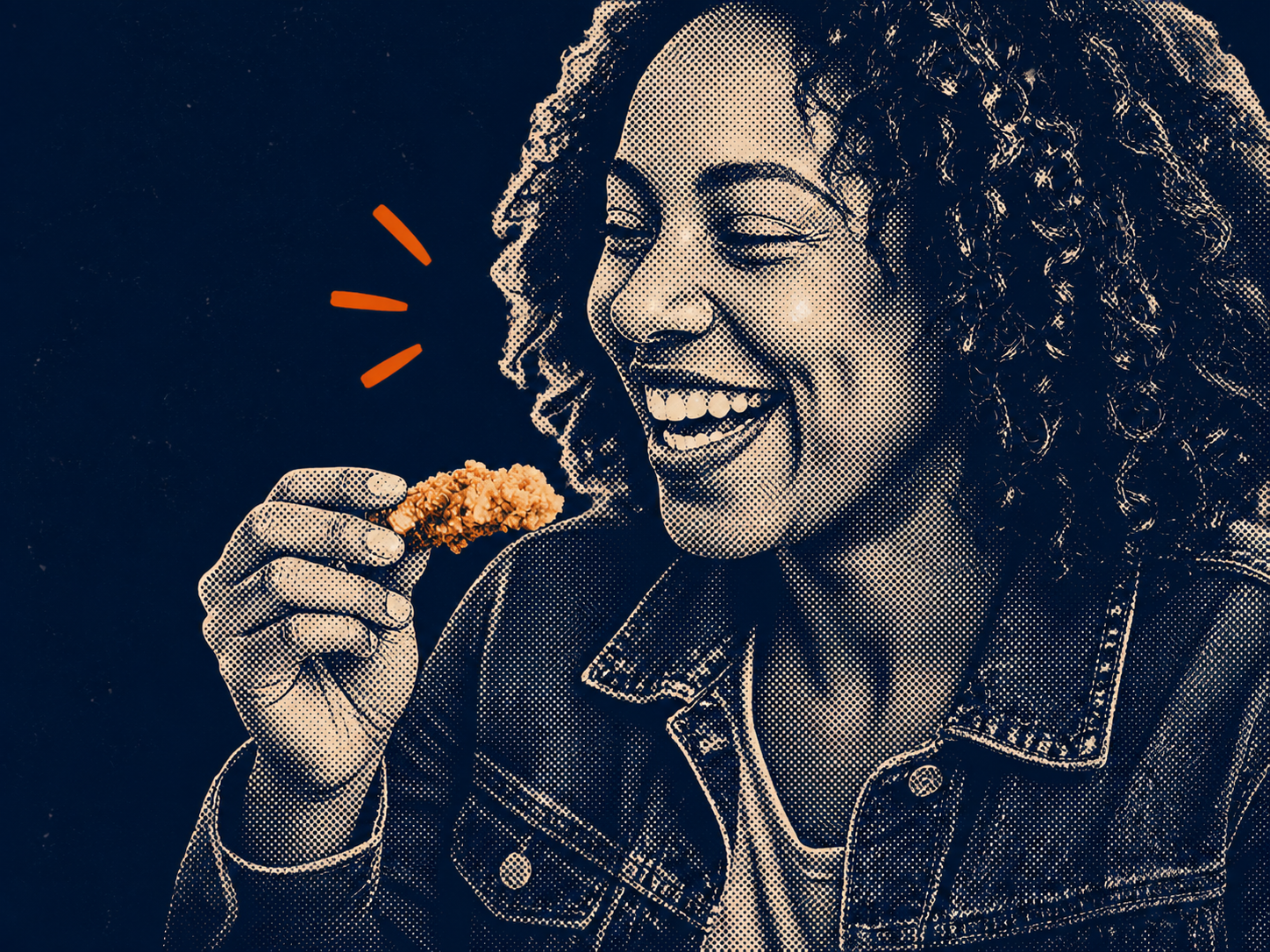 Woman enjoying Watson Ridge chicken in a navy and cream halftone illustration