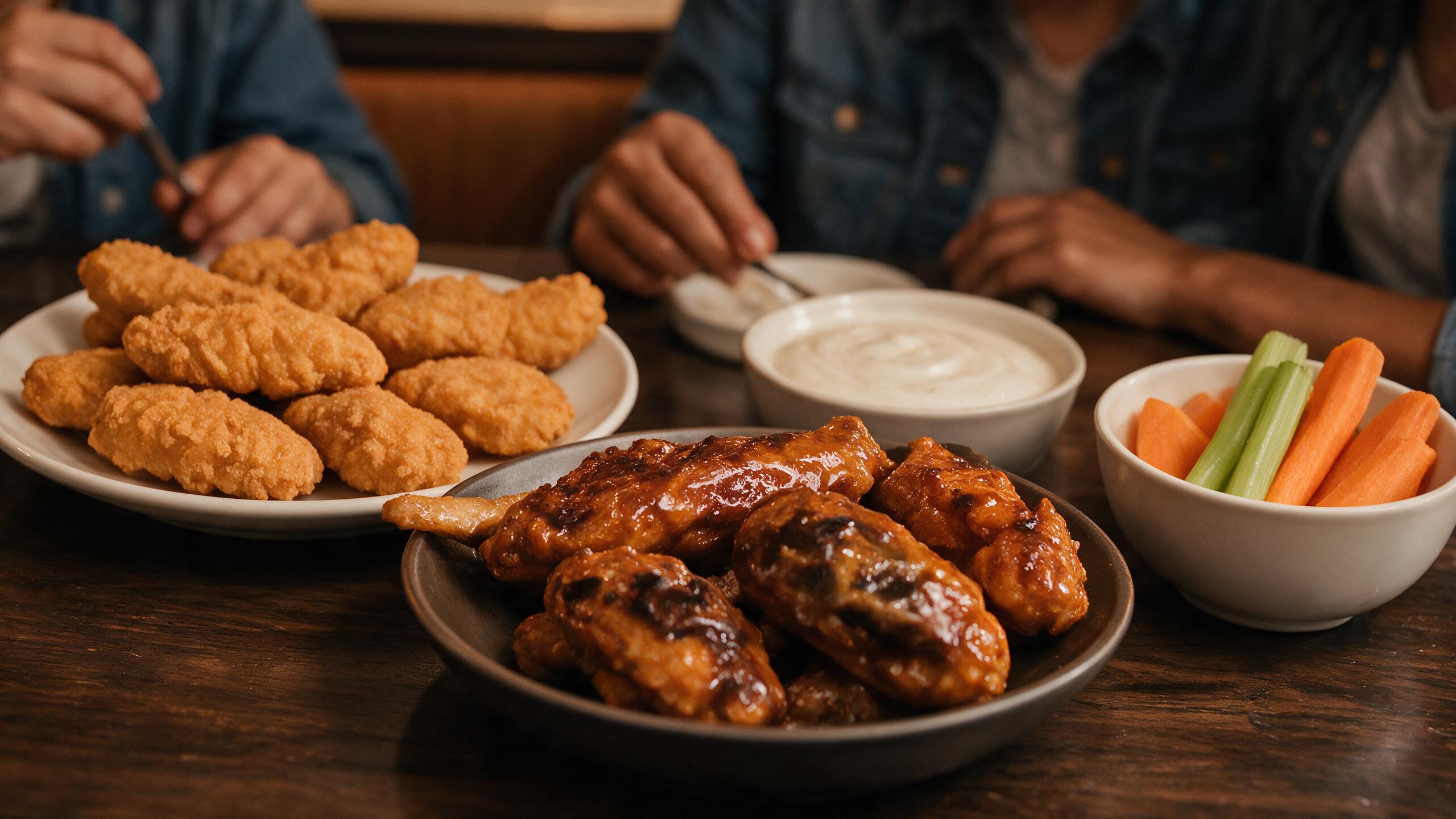 A family sharing Watson Ridge chicken wings, breaded chicken, vegetables and dip around the table