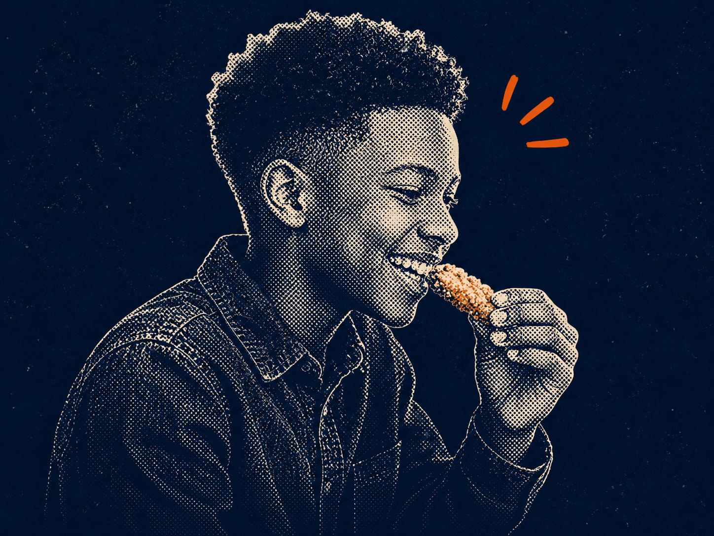 Halftone illustration of a smiling teenager enjoying a breaded chicken strip