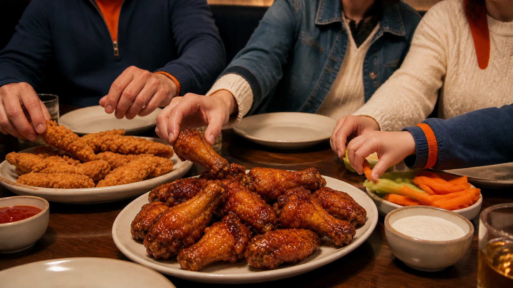 Family hands sharing Watson Ridge chicken wings and breaded chicken strips around a table